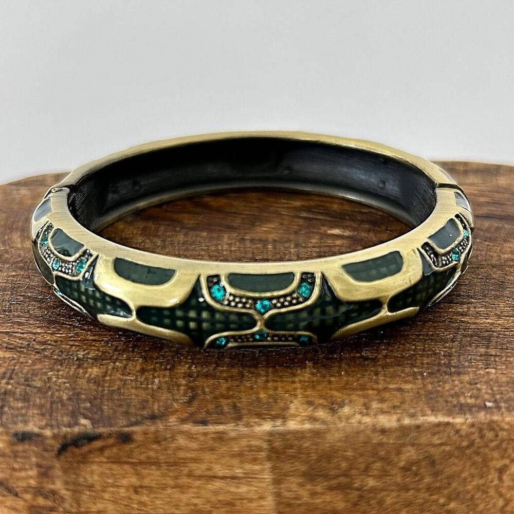 Vintage Enamel Rhinestone Bangle Bracelet Hinged 7" Diameter Costume Jewelry